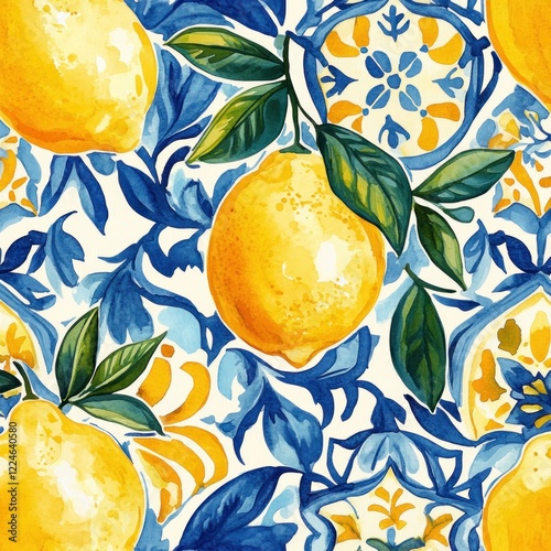 Lemons, blue tile pattern, summer fruit, vibrant design, fabric print