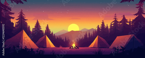 Tranquil campsite vector scene at sunset with tent shadows and campfire glow.