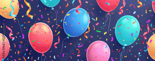 Vector celebration background with colorful balloons and confetti.