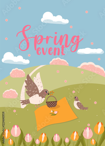 Flat-style illustration of a spring event featuring a bird with a basket, a picnic setup on a hill, blooming tulips, and soft clouds. Perfect for seasonal designs, greeting cards, and event promotions