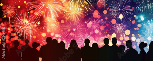 Vector celebration: vibrant fireworks silhouette with colorful bokeh background.