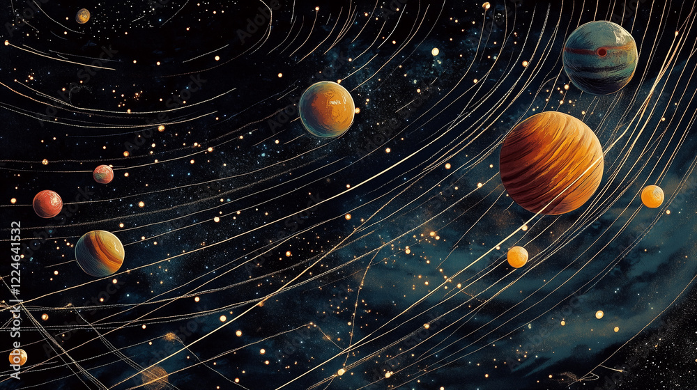 Fototapeta premium Vibrant Cosmic Scene Featuring Planets and Stars in a Dark Galaxy