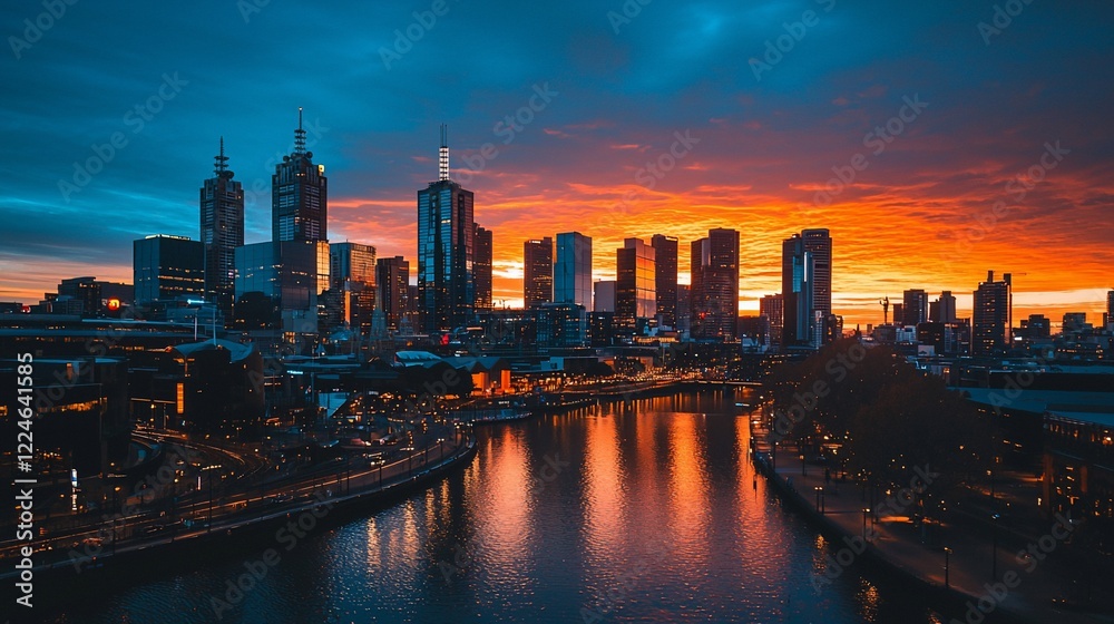Fototapeta premium Vibrant sunset over Melbourne skyline reflecting on the Yarra River, showcasing urban life