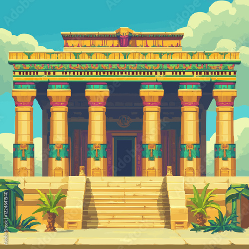 Vector ancient temple with vibrant colors and classical architecture.