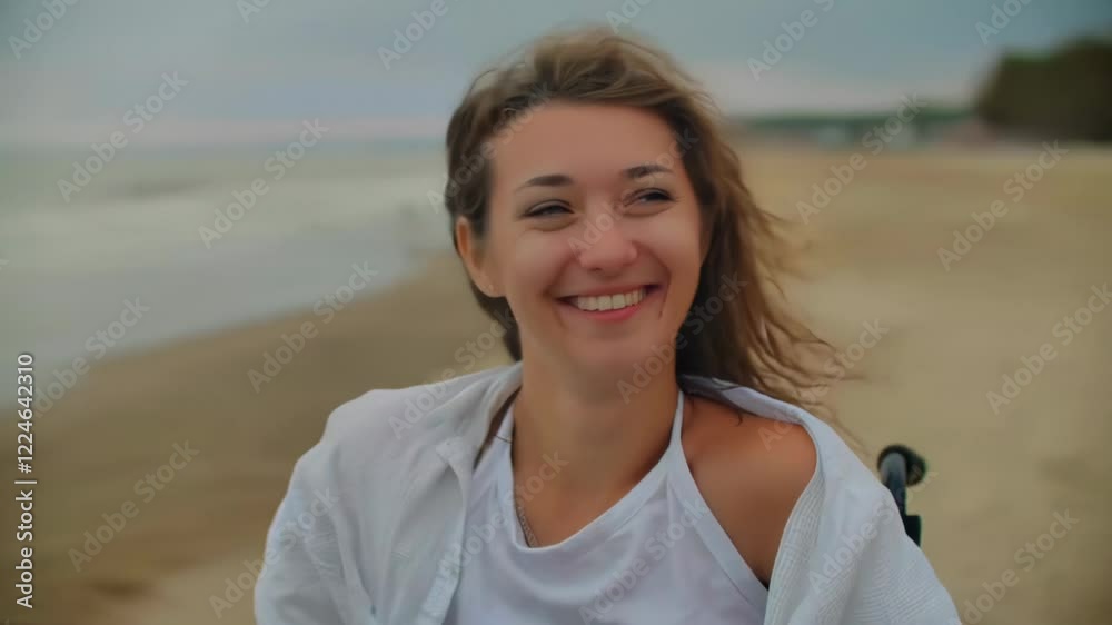 Happy disabled woman smiling at the beach Happy disabled woman smiling at the beach