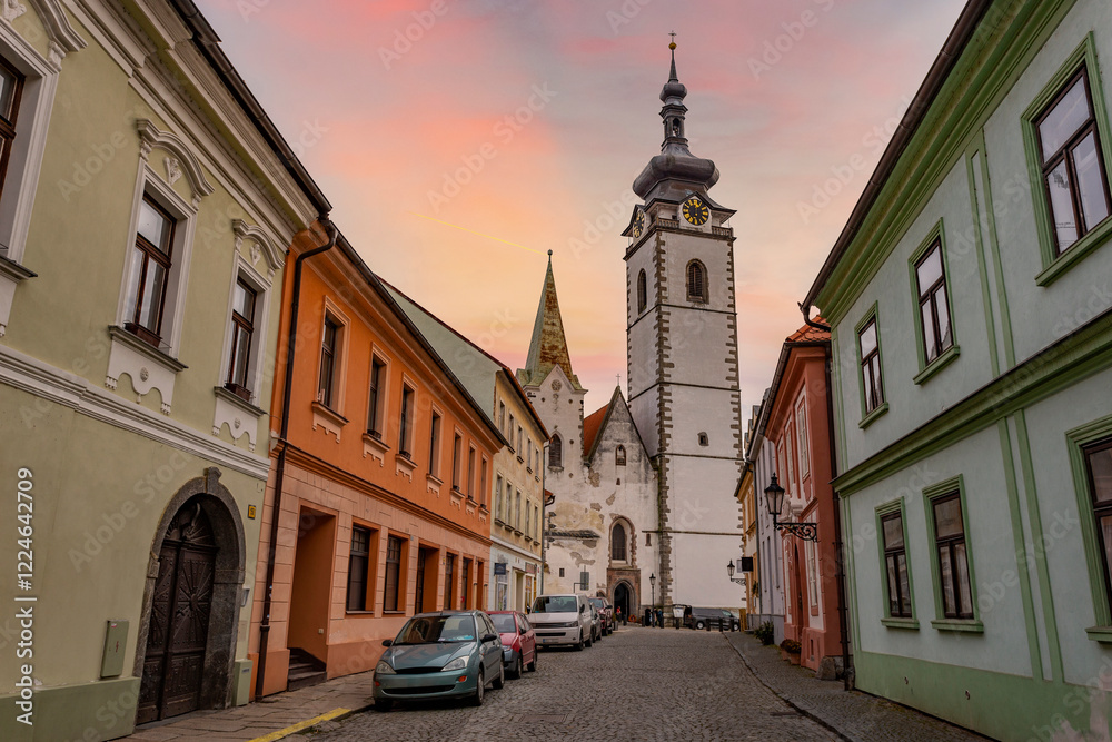 Medieval Town Pisek and historic old street with church of the nativity of the blessed Virgin Mary.