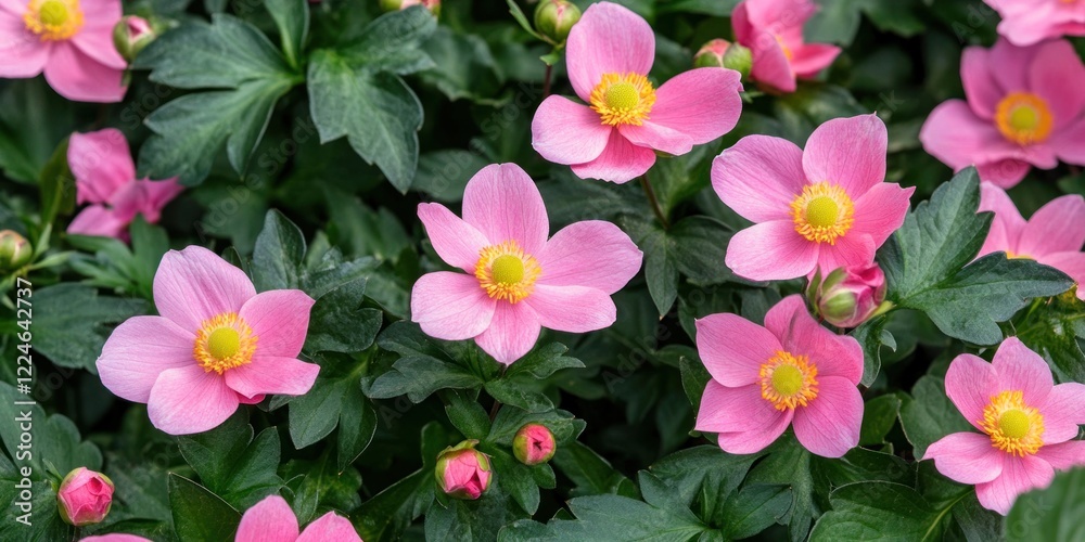 A breathtaking close-up shot of delicate pink anemone flowers blooming profusely. A breathtaking close-up shot of delicate pink anemone flowers blooming profusely.