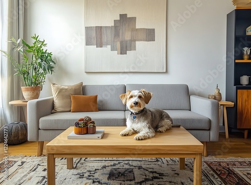 A contemporary Scandinavian living room with a sleek gray sofa, a wooden coffee table, and a charming dog sitting on the couch