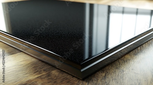 Black Glass Surface with Polished Edges Rests on Wood photo