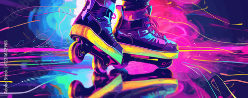 Vibrant pop art vector of roller skates with neon lights.