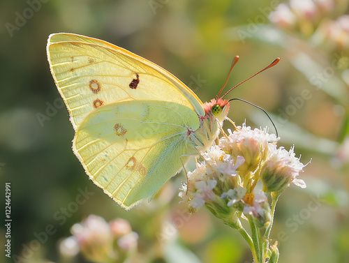 Sulphur Butterfly on Flower: A delicate sulphur butterfly with vibrant yellow wings, perched on a cluster of delicate pink blossoms, bathed in soft sunlight. photo