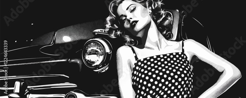 Retro vector art featuring vintage car and glamorous woman.
