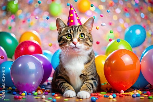 Festive Cat Birthday Party: Adorable Kitten in Party Hat with Balloons & Confetti