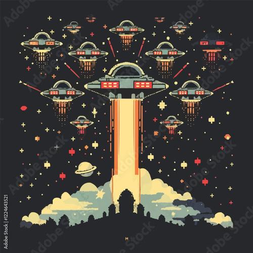 Futuristic ufo vector invasion over cosmic landscape.