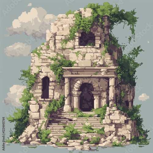 Ancient ruins vector art with lush vegetation and stone architecture.