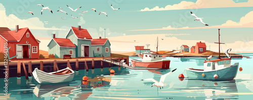 Vector harbor scene with boats and seagulls in a serene coastal village.