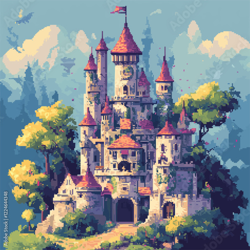 Majestic fantasy castle vector artwork with towering spires and lush surroundings.