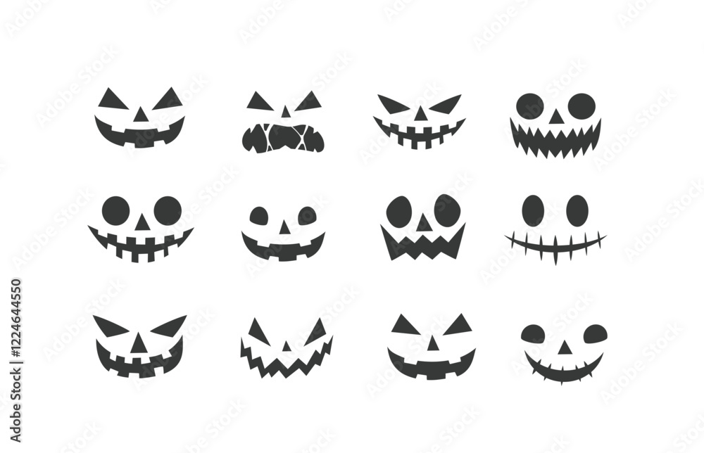 Collection of Halloween pumpkins carved faces silhouettes. Black isolated Halloween pumpkin face patterns on orange. Scary and funny faces of Halloween pumpkin or ghost. Vector illustration Collection of Halloween pumpkins carved faces silhouettes. Black isolated Halloween pumpkin face patterns on orange. Scary and funny faces of Halloween pumpkin or ghost. Vector illustration