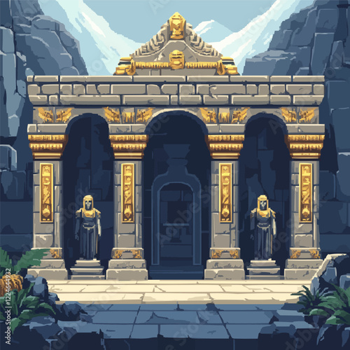 Ancient temple vector design with statues and mountain background.