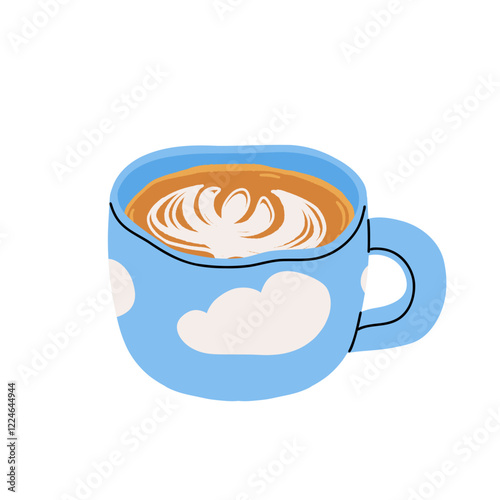 Blue latte and tea. Butterfly pea drinks. Ceramic cup on saucer, glass double wall cup. Blue tea drink with milk foam. Blue iced matcha latte in various cups. Vector Illustration, flat cartoon Icons.