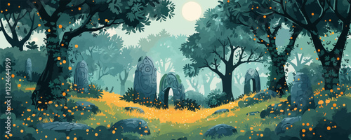 Mystical forest vector with ancient stone monuments and moonlit glade.