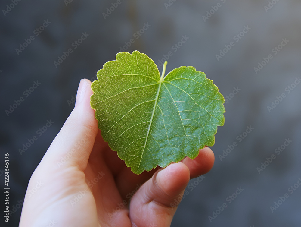 Heart-Shaped Leaf: A hand gently cradles a vibrant, heart-shaped leaf, its intricate veins and delicate texture highlighted against a softly blurred background. Heart-Shaped Leaf: A hand gently cradles a vibrant, heart-shaped leaf, its intricate veins and delicate texture highlighted against a softly blurred background.