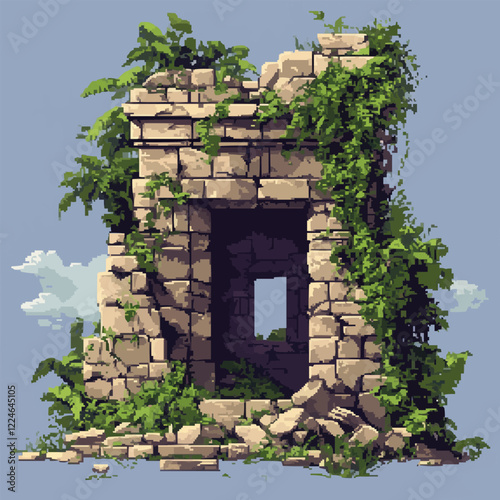 Ancient stone ruin vector with lush greenery.