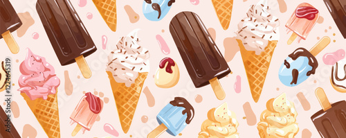 Vector pattern of ice cream cones and popsicles.