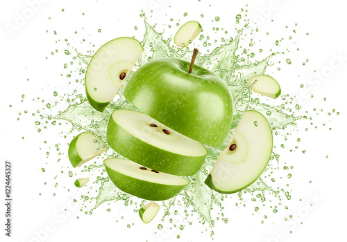 green apple with juice splash isolated on transparent background
 photo