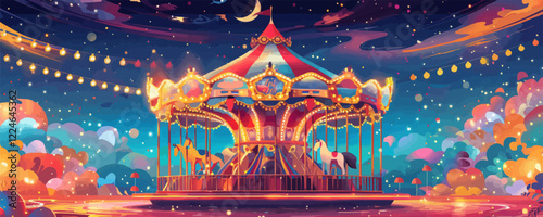 Vibrant carousel at night vector artwork with enchanting lights and cloudscape.
