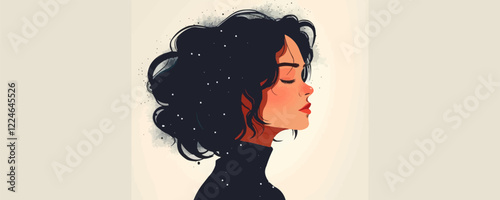 Vector art of woman with curly hair in profile view.