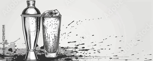 Classic cocktail shaker and glass vector design with ink splatter background.