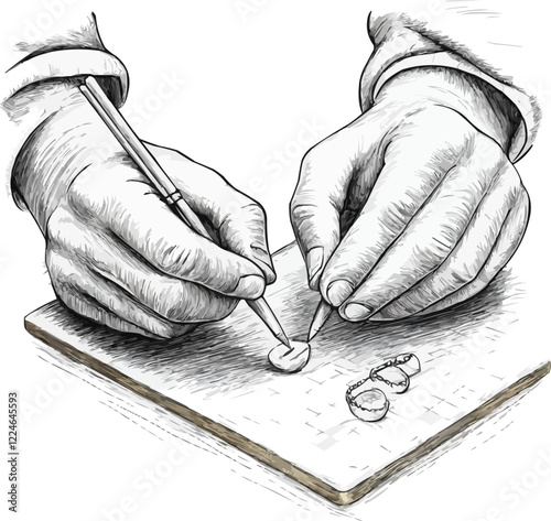 Vector drawing: hands sketching on paper with pencil and eraser.