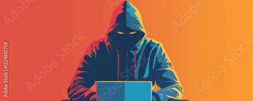 Mysterious hooded figure with laptop in vibrant vector style.