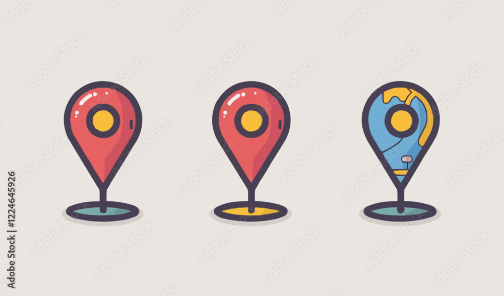 Vector location pins with map icon: three unique designs. Vector location pins with map icon: three unique designs.
