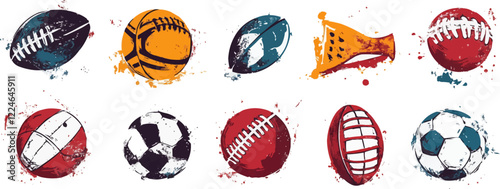 Vector set of grunge sports balls icons on white background.