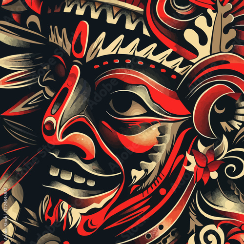 Vibrant aztec warrior mask vector art with intricate patterns.