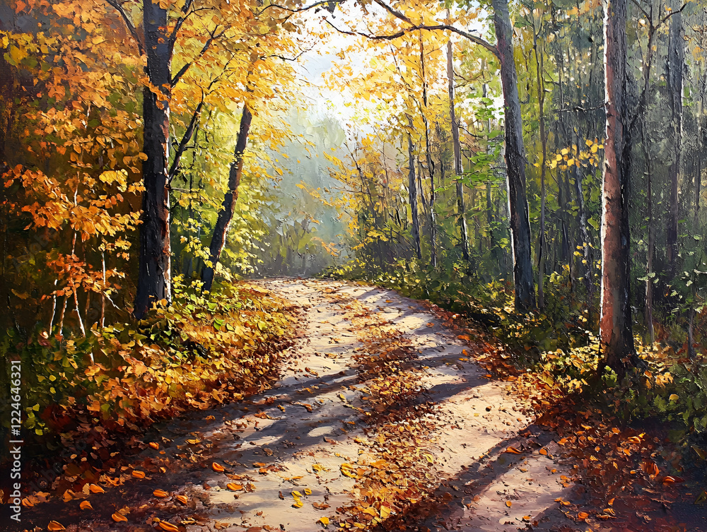 Obraz premium Autumnal Pathway: Sun-dappled path winds through a vibrant autumn forest, golden leaves carpeting the ground, creating a scene of serene beauty and tranquil ambiance. 
