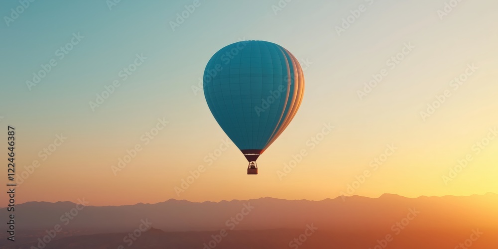 Fototapeta premium A beautiful sunrise landscape with a blue hot air balloon in the sky