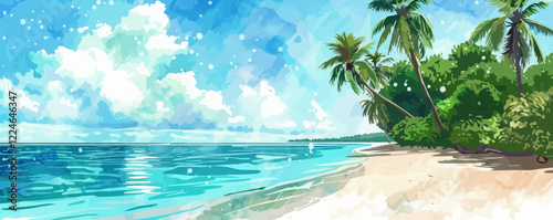 Vector tropical beach scene with palms and azure waters.