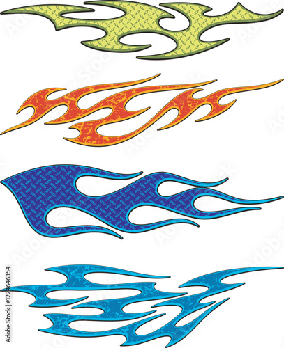 Vector colorful textured flames for vehicle vinyl decals and wraps. Ready-to-cut graphics for racing cars, off-road and sport vehicles, hot rod automobiles, ATVs, trucks, motors, bikes, T-shirts. photo