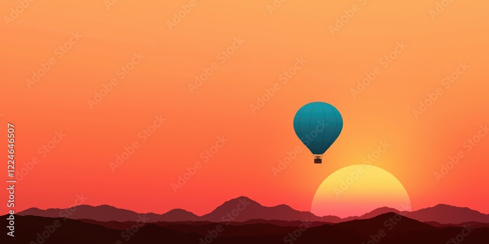 A beautiful sunrise landscape with a blue hot air balloon in the sky A beautiful sunrise landscape with a blue hot air balloon in the sky
