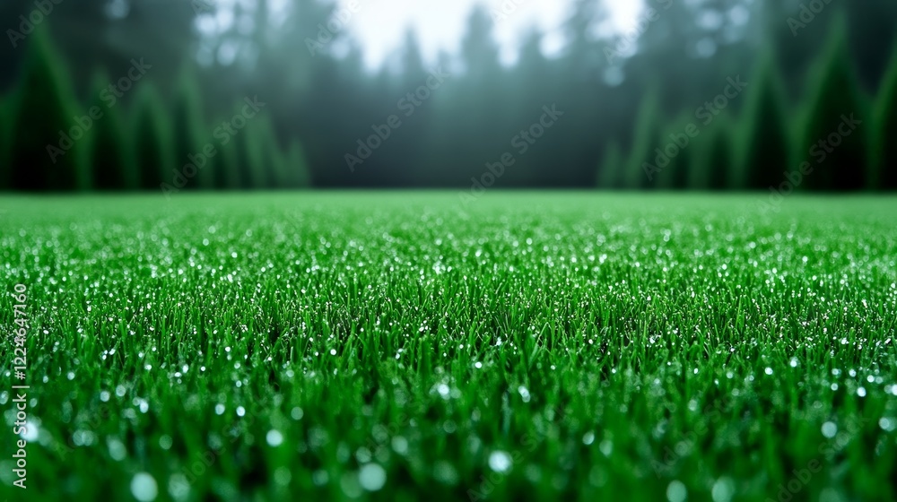 Naklejka premium Dew-Kissed Green Grass Field, Forest Background