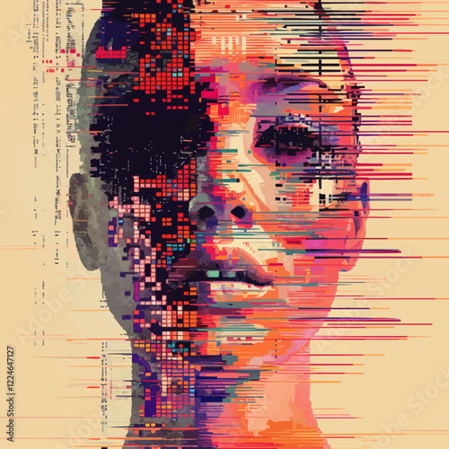 Abstract vector artwork of a digital fragmented face with pixel elements.