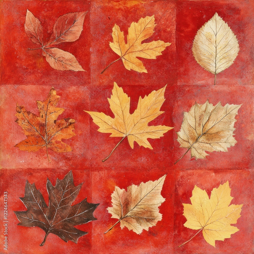 Autumn leaves collage, red background, nature art, fall decor Autumn leaves collage, red background, nature art, fall decor