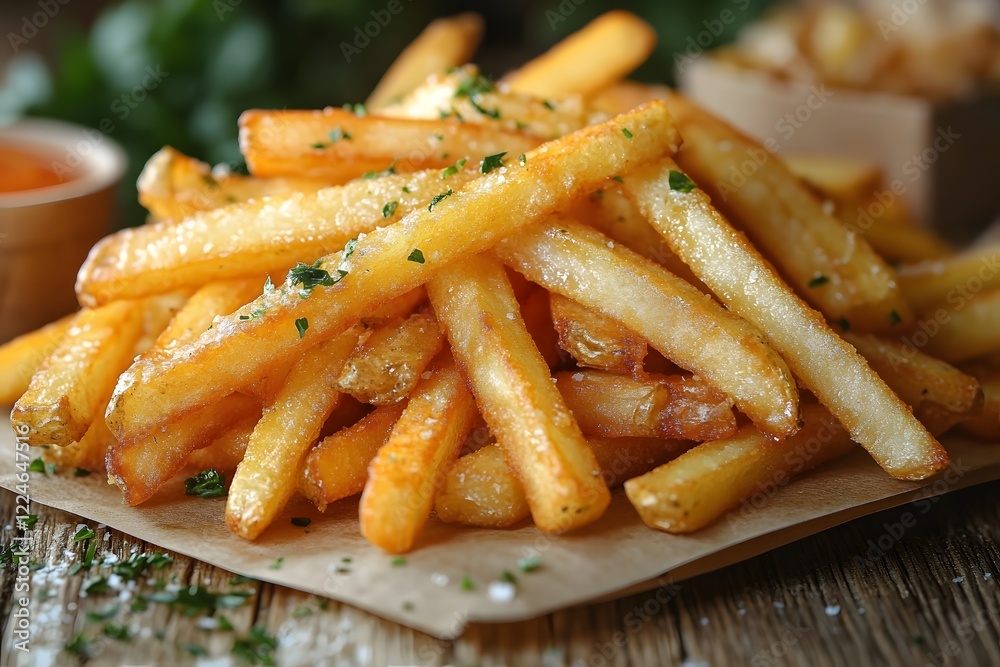 Crispy Golden French Fries with Herbs on Paper for Culinary and Food Design Crispy Golden French Fries with Herbs on Paper for Culinary and Food Design
