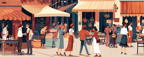 Vibrant market scene with people in retro style vector art.