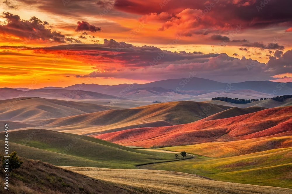 Fototapeta premium Fiery Abstract Watercolor Landscape: Sunset Blaze Over Rolling Hills