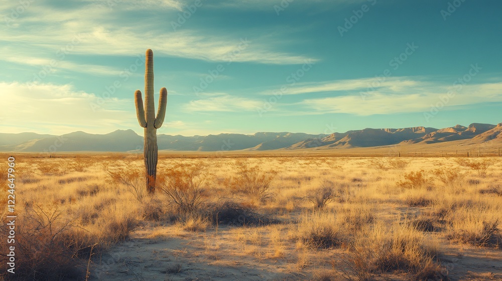 Lone Cactus Stands Tall Golden Desert Sunset. AI Generated