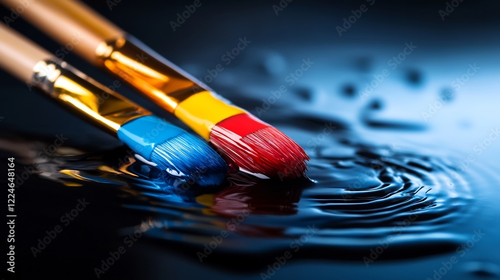 Obraz premium Artistic Paintbrushes in Vibrant Hues Reflecting on Dark Water